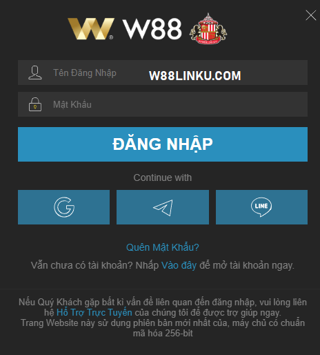 Nhập thông tin đăng nhập W88