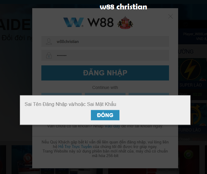 Nhập sai mật khẩu W88 login